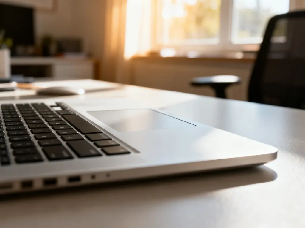 Zbliżenie na nowoczesną klawiaturę i touchpad laptopa w jasnym, uporządkowanym biurze domowym.