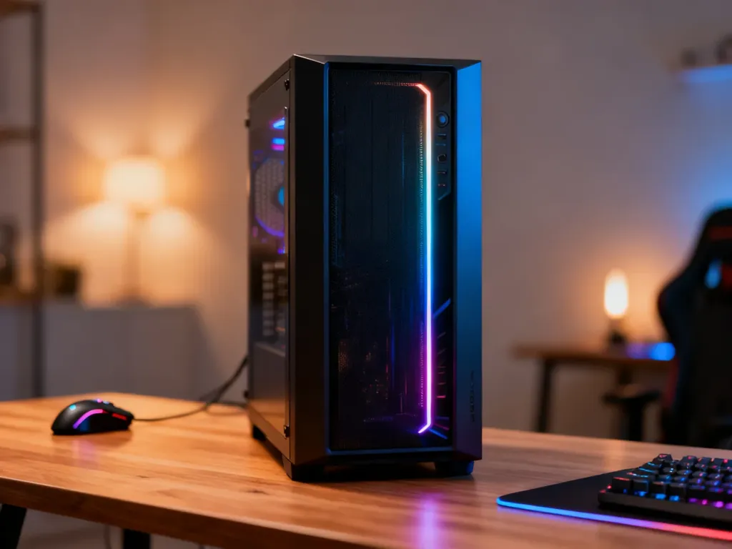 Nowoczesny komputer gamingowy z podświetleniem RGB na drewnianym biurku w minimalistycznym pokoju.