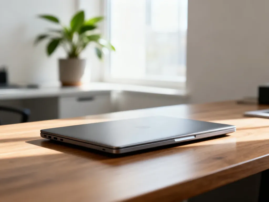 Nowoczesny laptop na drewnianym biurku w jasnym, uporządkowanym domowym biurze.