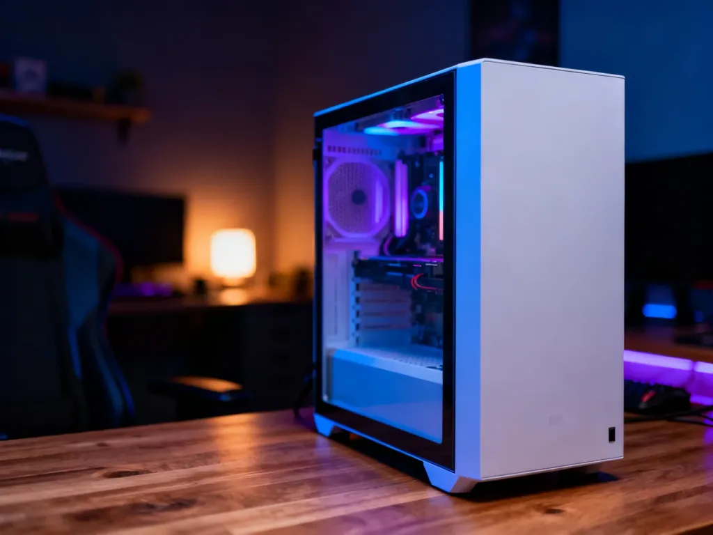 Nowoczesny komputer gamingowy z podświetleniem RGB na minimalistycznym biurku w przytulnym pokoju gracza.