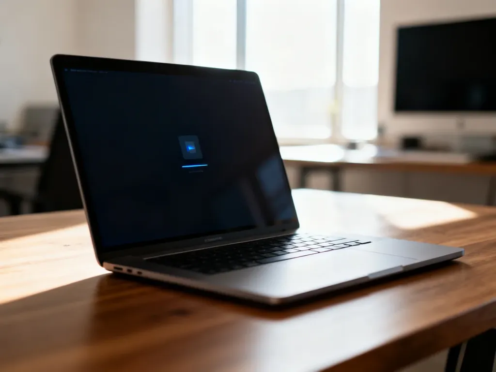 Nowoczesny laptop na drewnianym biurku w słonecznym domowym biurze, gotowy do pracy lub reinstalacji systemu.