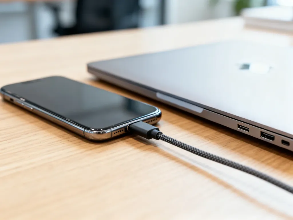 Smartfon podłączony kablem USB do laptopa na minimalistycznym biurku, ilustrujący proces łączenia urządzeń.