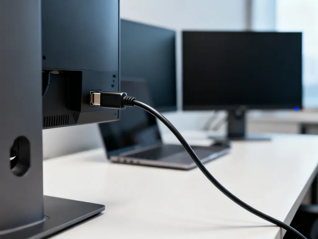 Kabel HDMI podłączany do monitora na stanowisku pracy z dwoma ekranami, ilustrujący proces konfiguracji zestawu komputerowego.