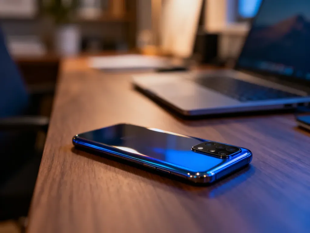 Huawei Mate 20 Pro leżący na drewnianym biurku, eksponujący szklaną obudowę oraz charakterystyczny moduł aparatu.