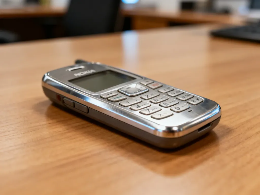 Klasyczny telefon Nokia 6300 ze stali nierdzewnej leżący na drewnianym biurku w minimalistycznym wnętrzu.