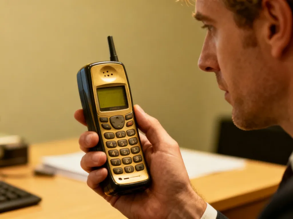 Klasyczny telefon Nokia 1600 trzymany w dłoni na tle minimalistycznego biurka w nostalgicznym, ciepłym oświetleniu.