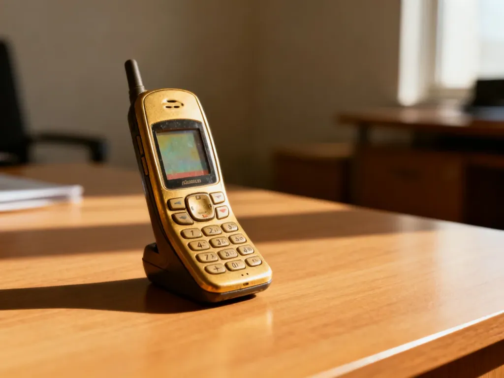 Klasyczny telefon LG kp100 z fizyczną klawiaturą leżący na drewnianym biurku w słonecznym świetle.