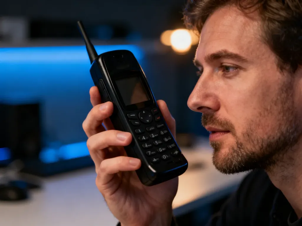 Mężczyzna trzyma w dłoni klasyczny telefon Motorola e398 na tle nowoczesnego biura.