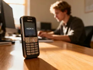 Mężczyzna trzyma w dłoni klasyczny telefon rozsuwany Samsung SGH-E250 w nostalgicznym, ciepłym oświetleniu.