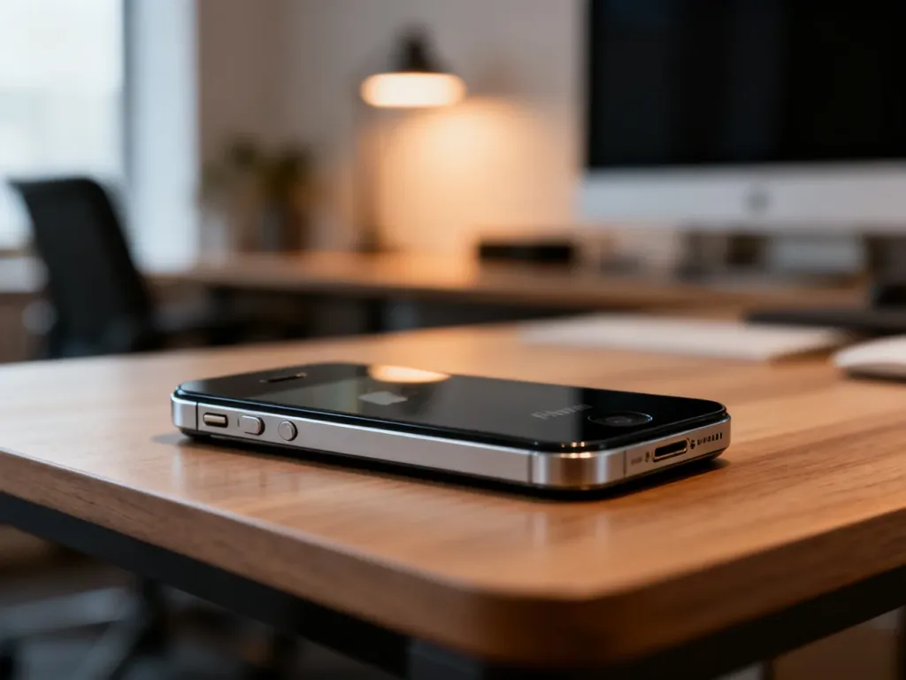 iPhone 4s leżący na drewnianym biurku, prezentujący klasyczny design ze szklaną obudową i metalową ramką.