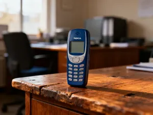Mężczyzna trzymający nowoczesny smartfon Poco X6 Pro 5G z podświetlonym ekranem w futurystycznym biurowym wnętrzu.