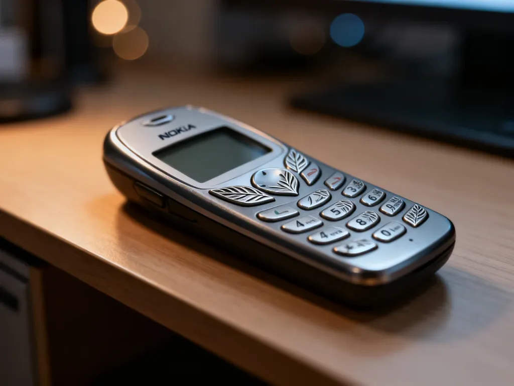 Klasyczny telefon Nokia 7610 z charakterystyczną klawiaturą w kształcie liścia, umieszczony na minimalistycznym biurku.
