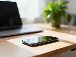 Kabel HDMI podłączany do monitora na stanowisku pracy z dwoma ekranami, ilustrujący proces konfiguracji zestawu komputerowego.