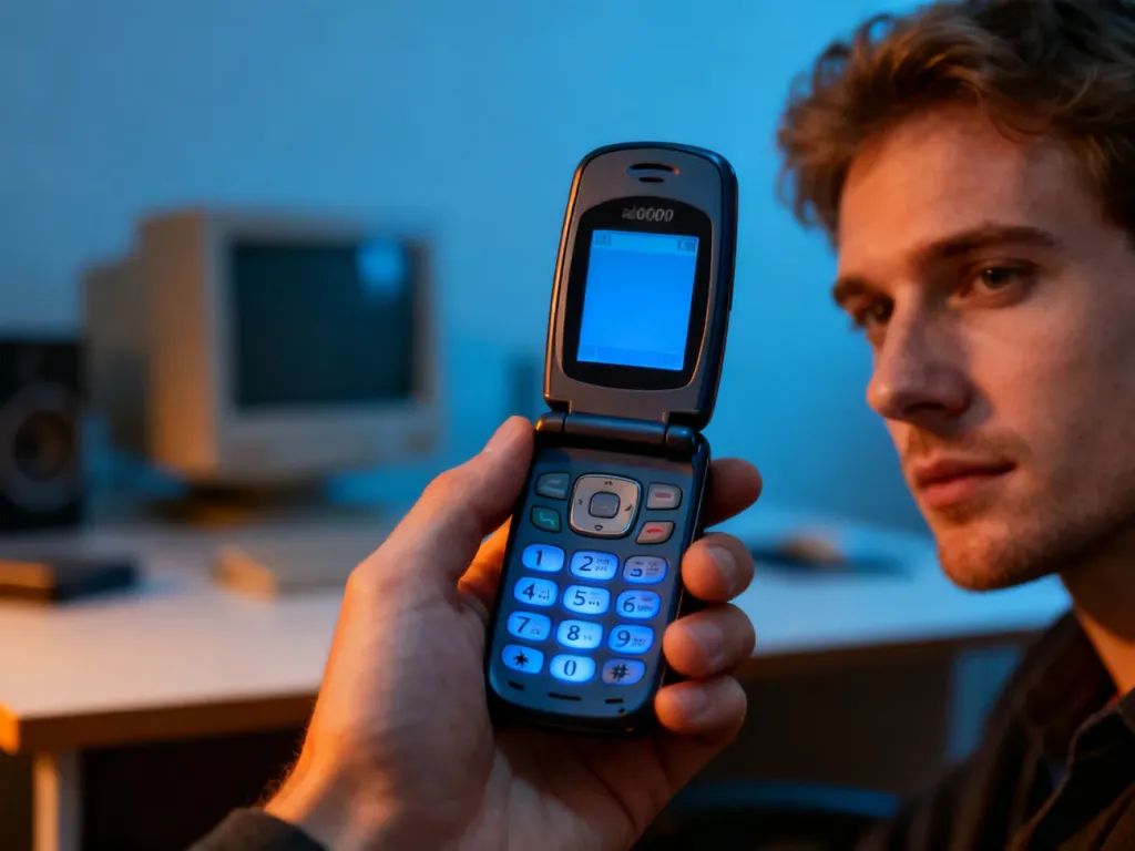 Mężczyzna trzyma w dłoni klasyczny telefon rozsuwany Samsung SGH-E250 w nostalgicznym, ciepłym oświetleniu.