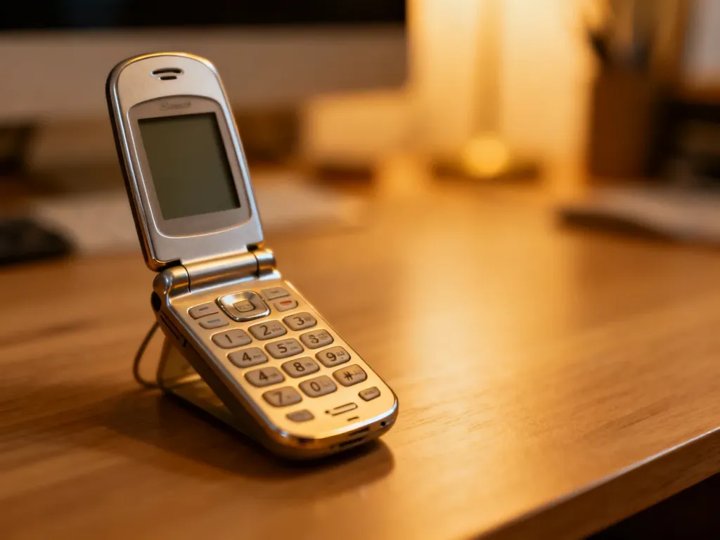 Otwarty, srebrny telefon z klapką Samsung SGH-E700 leżący na drewnianym biurku w ciepłym, nostalgicznym świetle.