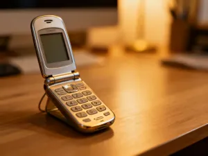 iPhone 4s leżący na drewnianym biurku, prezentujący klasyczny design ze szklaną obudową i metalową ramką.