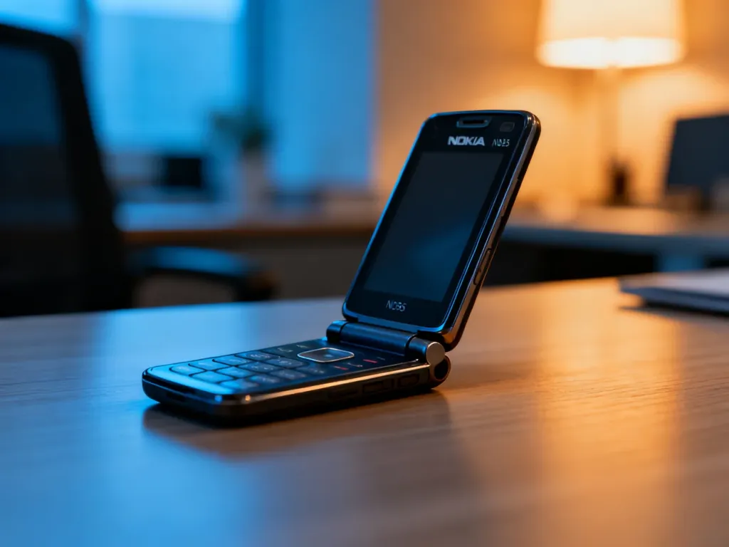 Nokia N95 z otwartym mechanizmem typu slider, spoczywająca na nowoczesnym drewnianym biurku.