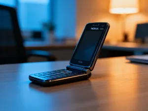 Klasyczny telefon LG kp100 z fizyczną klawiaturą leżący na drewnianym biurku w słonecznym świetle.