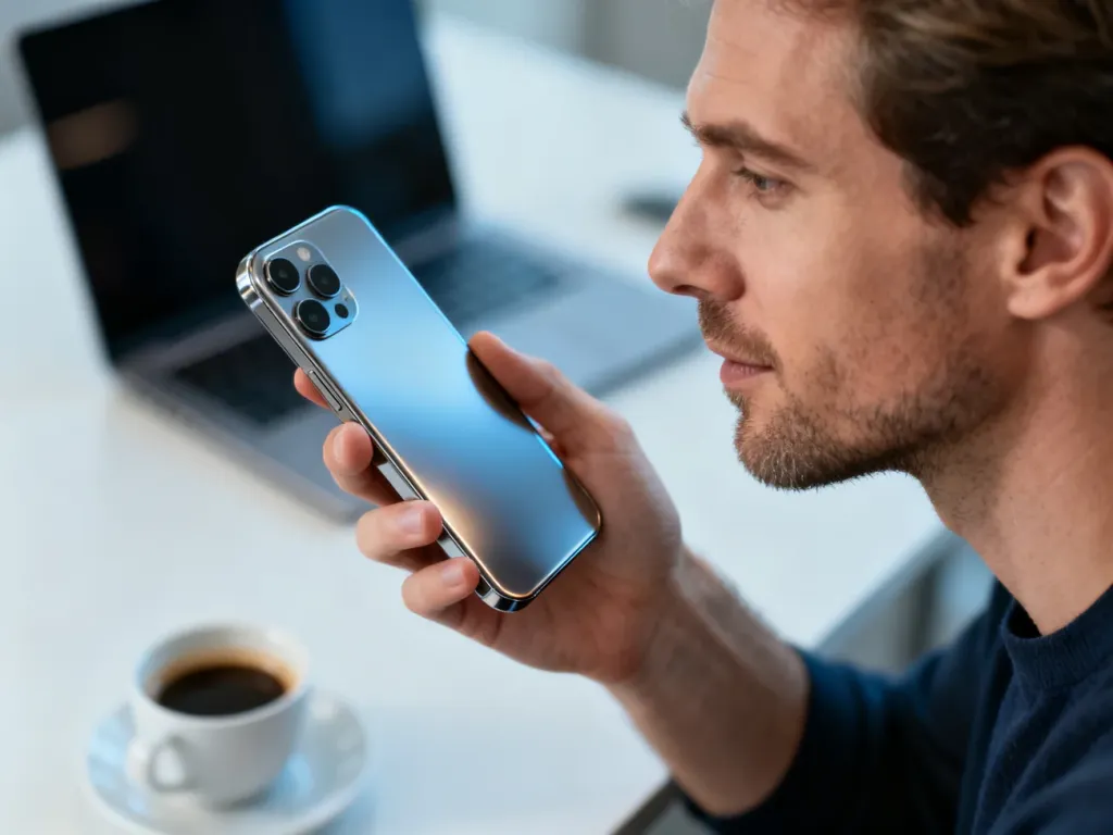 Mężczyzna trzymający w dłoni nowoczesny smartfon OnePlus 3T na tle minimalistycznego biura.