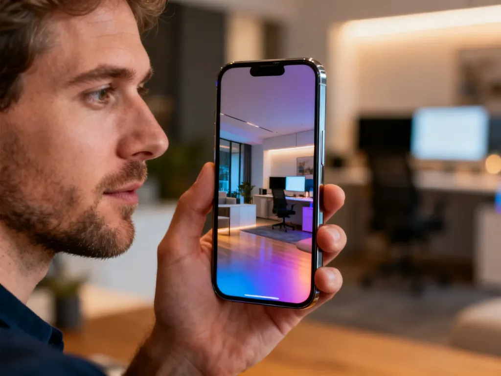 Mężczyzna trzyma w dłoni nowoczesny smartfon Motorola moto g30 z podświetlonym ekranem w domowym biurze.