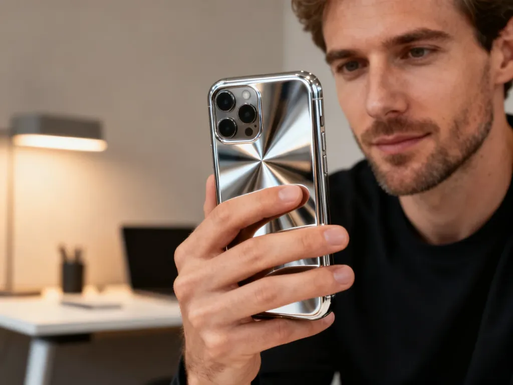 Elegancki smartfon Sony Xperia Z5 Premium z lustrzaną obudową trzymany w dłoni na tle nowoczesnego biura.