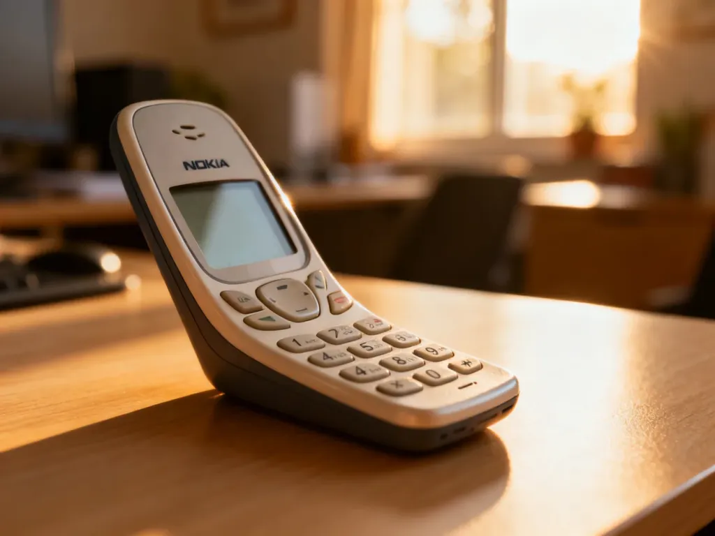 Klasyczny telefon Nokia 8210 na drewnianym biurku w promieniach słońca, podkreślający nostalgiczny charakter urządzenia.