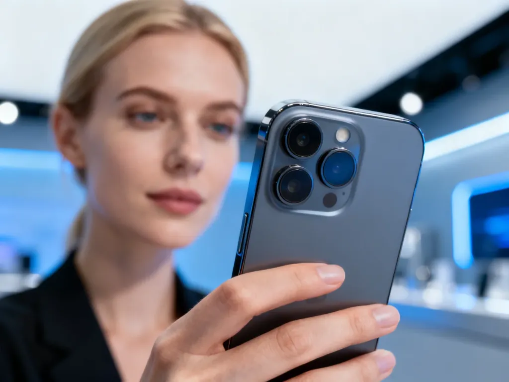 Kobieta trzymająca smartfon Huawei P40 Pro, z wyraźnym wyeksponowaniem zaawansowanego modułu aparatu fotograficznego.