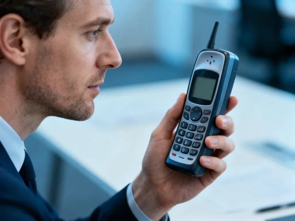 Klasyczny telefon Nokia 1200 trzymany w dłoni, z widoczną klawiaturą i monochromatycznym ekranem w biurowym otoczeniu.