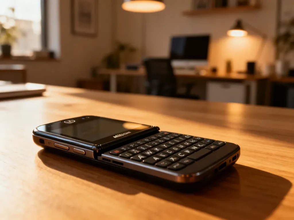 Zbliżenie na wysuwaną klawiaturę QWERTY smartfona Motorola Milestone leżącego na drewnianym biurku.
